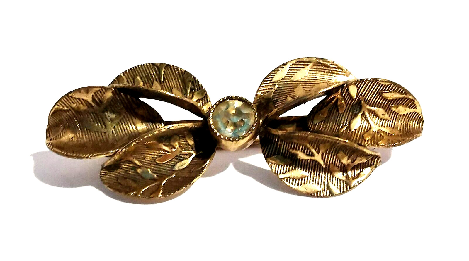 Vintage Czech Pin Brooch Floral Ornated Leafs Gilded Brass Colorless Rhinestone
