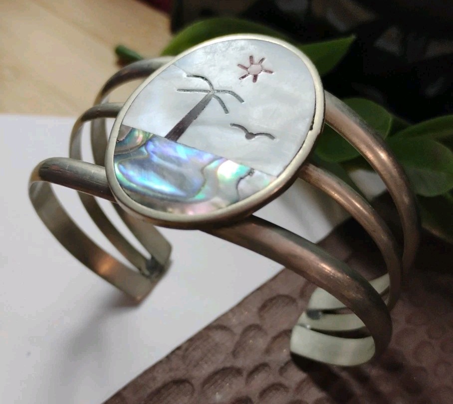 Vintage ABALONE/Mop Inlay Serene Tropical Beach Scene Silvery Cuff Bracelet!