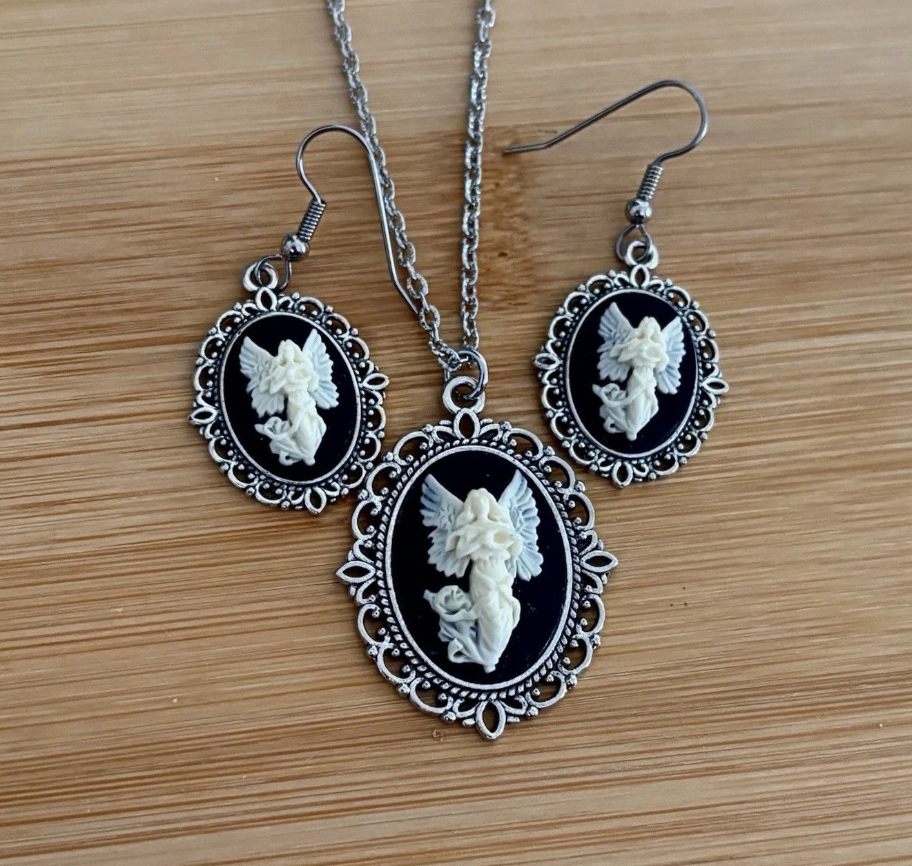 Guardian Angel Cameo Necklace & Earring Set, Vintage Style Pendant, Cream/Black