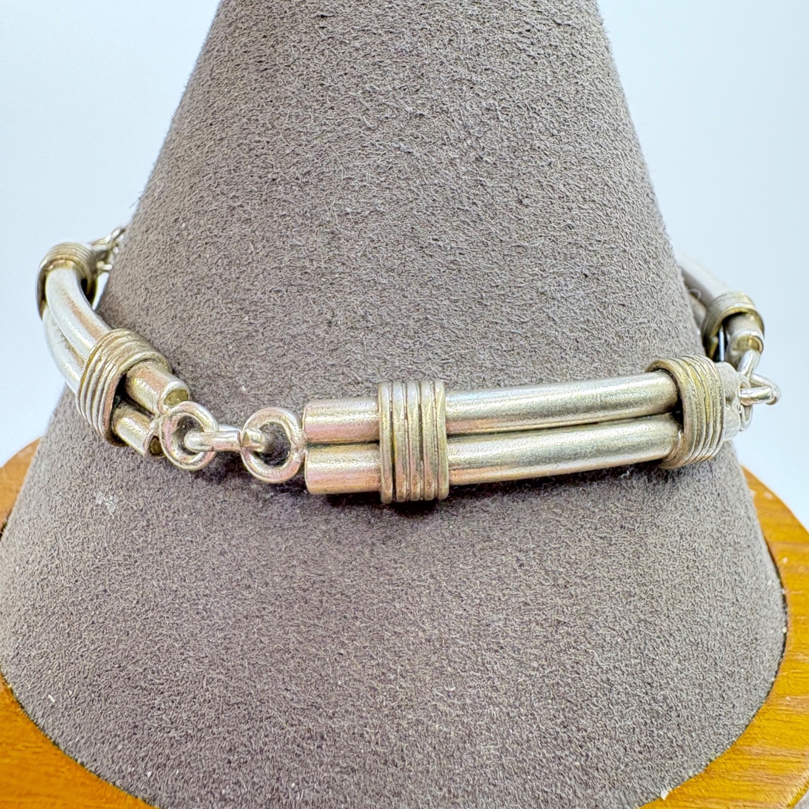 Double Bar Link Lobster Claw Clasp Bracelet VTG 925 Sterling Silver 7.25″ Length
