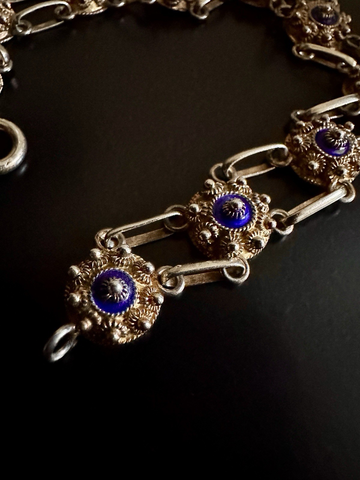 Vintage Chinese Export 925 Sterling Vermeil Cobalt Enamel Cannetille Bracelet