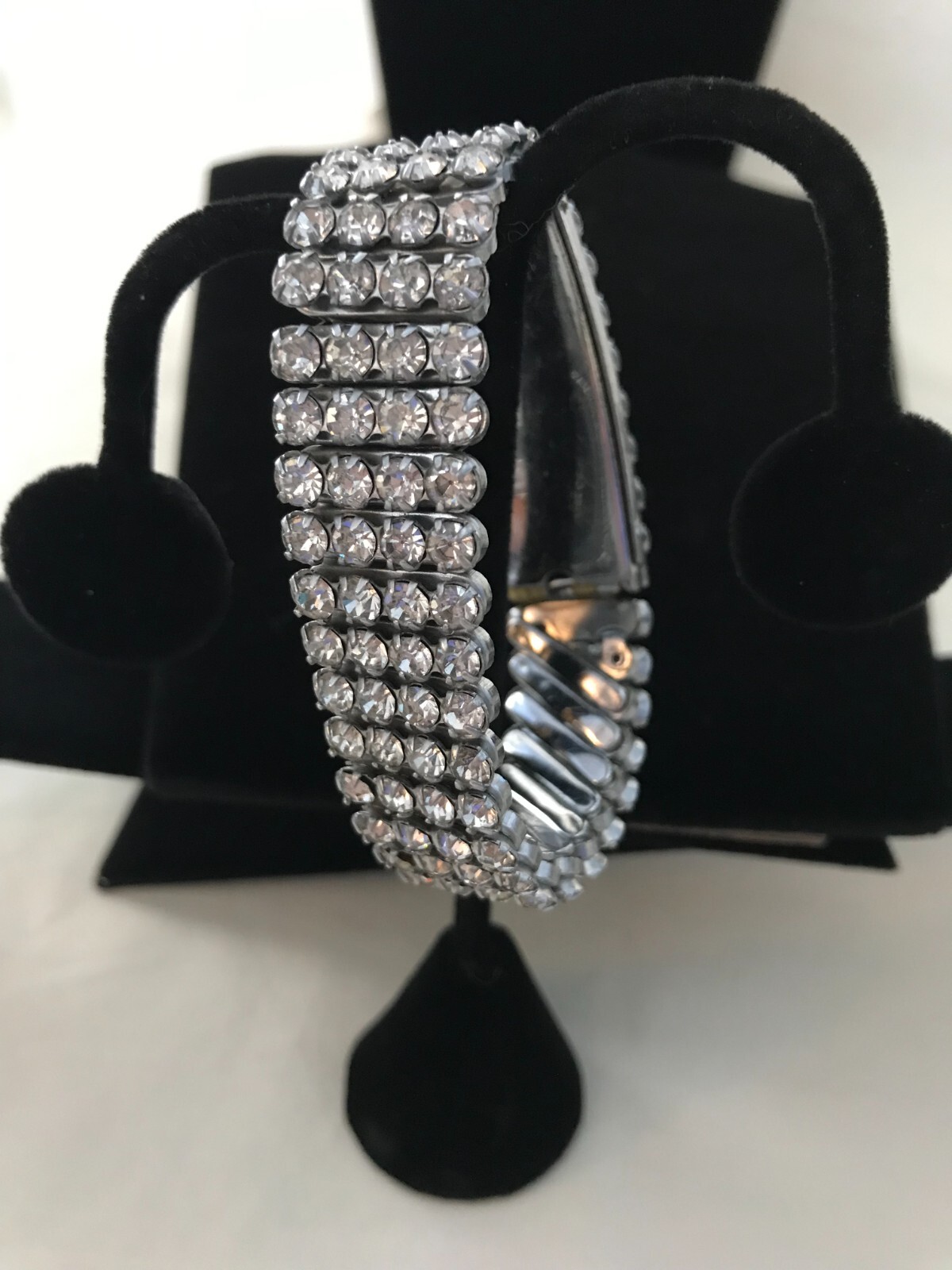 Vintage Expanding 4 Row Rhinestone Bracelet 5/8” Wide Secret Photo Locket