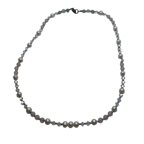 Stunning Elegant Vintage Cultured Pearl, Crystal & Rose Quartz Bead 16″ Necklace