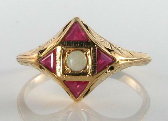9CT 9K GOLD INDIAN RUBY AUSTRALIAN OPAL ART DECO INS COCLTAIL RING FREE Sz