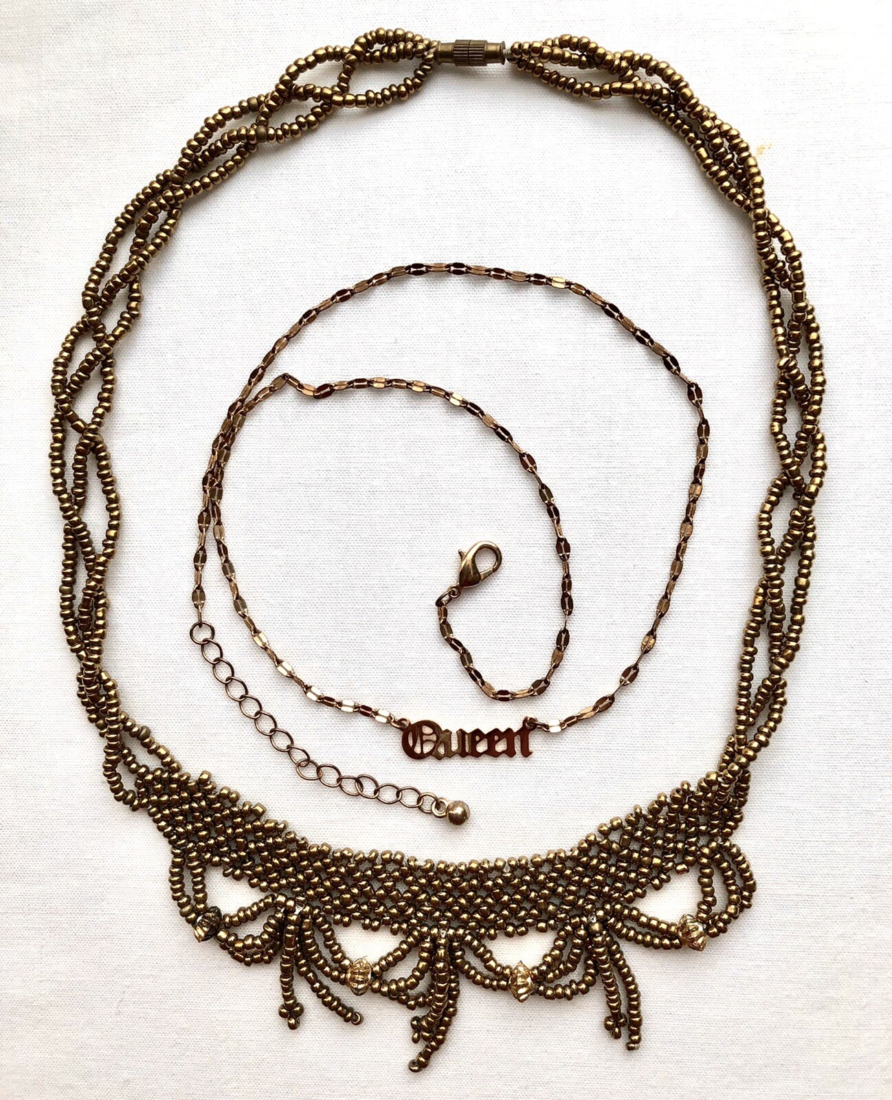 Art Deco Style Fringe Beaded Layered Necklaces Queen Word Pendant Necklace
