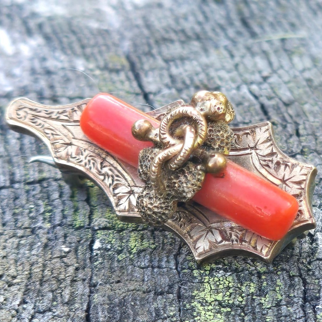 Antique Victorian 14K Gold Snake Brooch Coral Serpent Estate Jewelry mourning pi