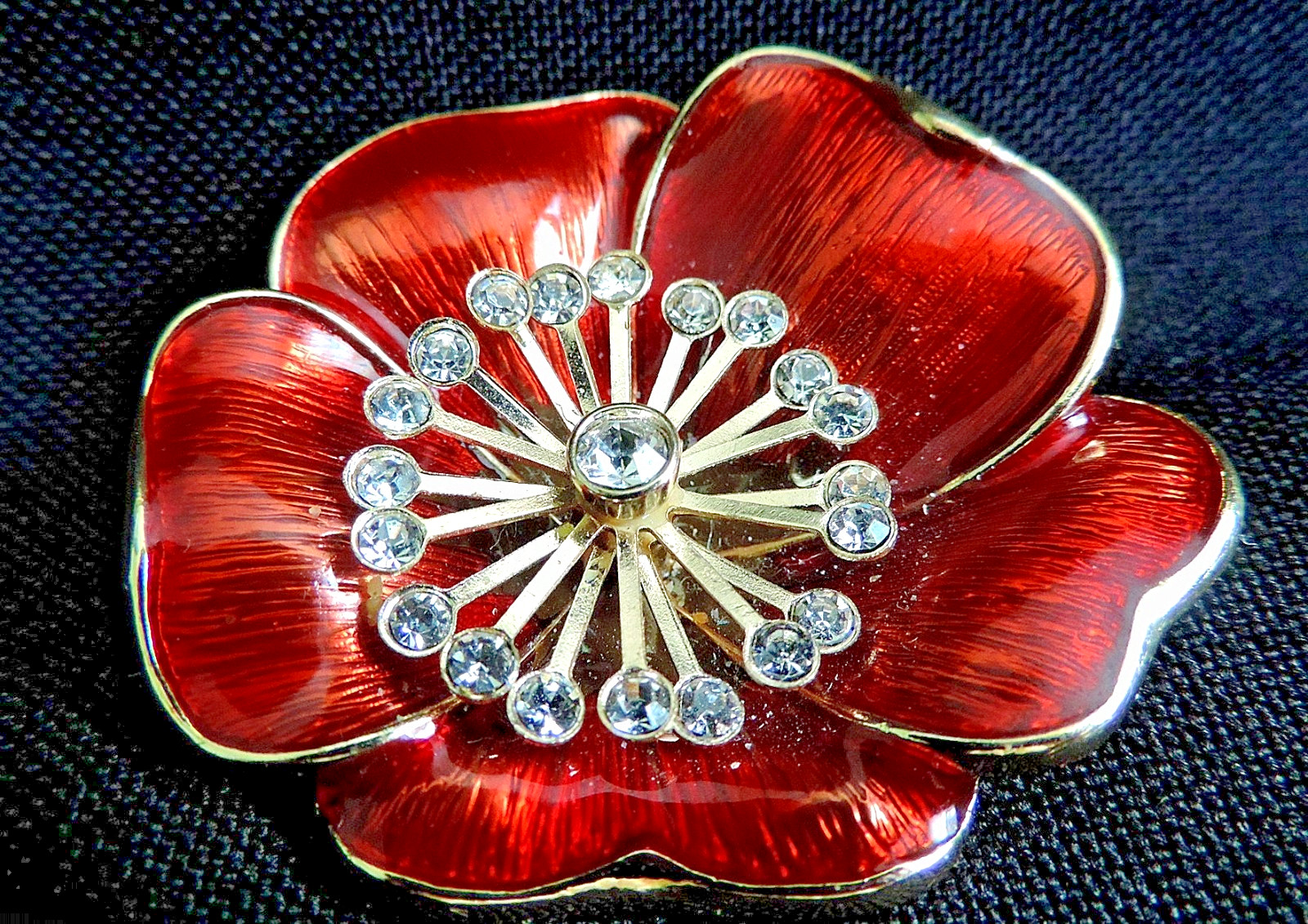 Vtg Red Poppy Flower Brooch Enamel Guilloche Rhinestone Unbranded Monet?