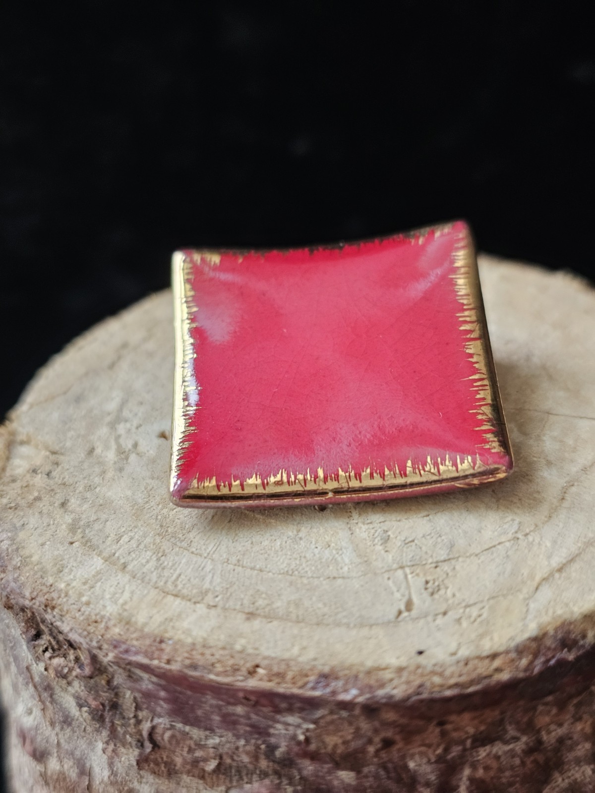 Milvern Co Brooch Handpainted Square Red Gold Curved Edge Design Signed Mcm
