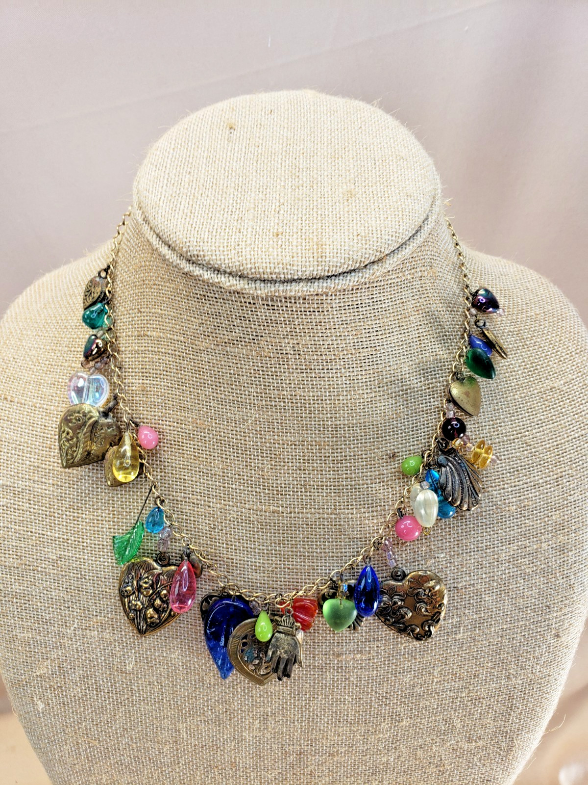 Vintage Ornate Hearts and Glass Charms Necklace Glass Works Studio Style AS IS