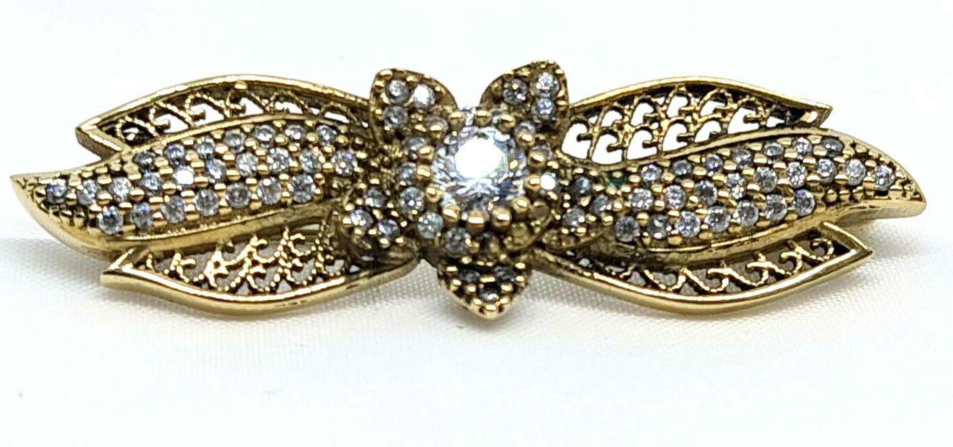 Vintage Silver Brooch Plated With Gold Water Set With Zrconia Stones #982#