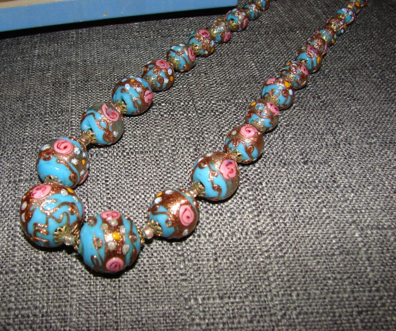 Vintage Venetian Murano Pink Blue Wedding Cake Beads Necklace and Clip Earrings