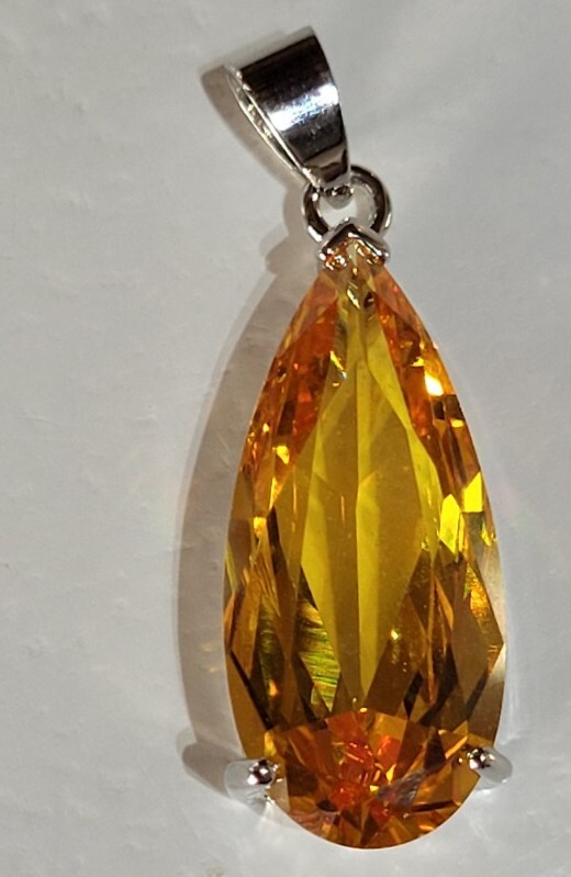 35mm Faceted Silver Lab Created Cubic Zirconia Citrine Colour Silvertone Pendant