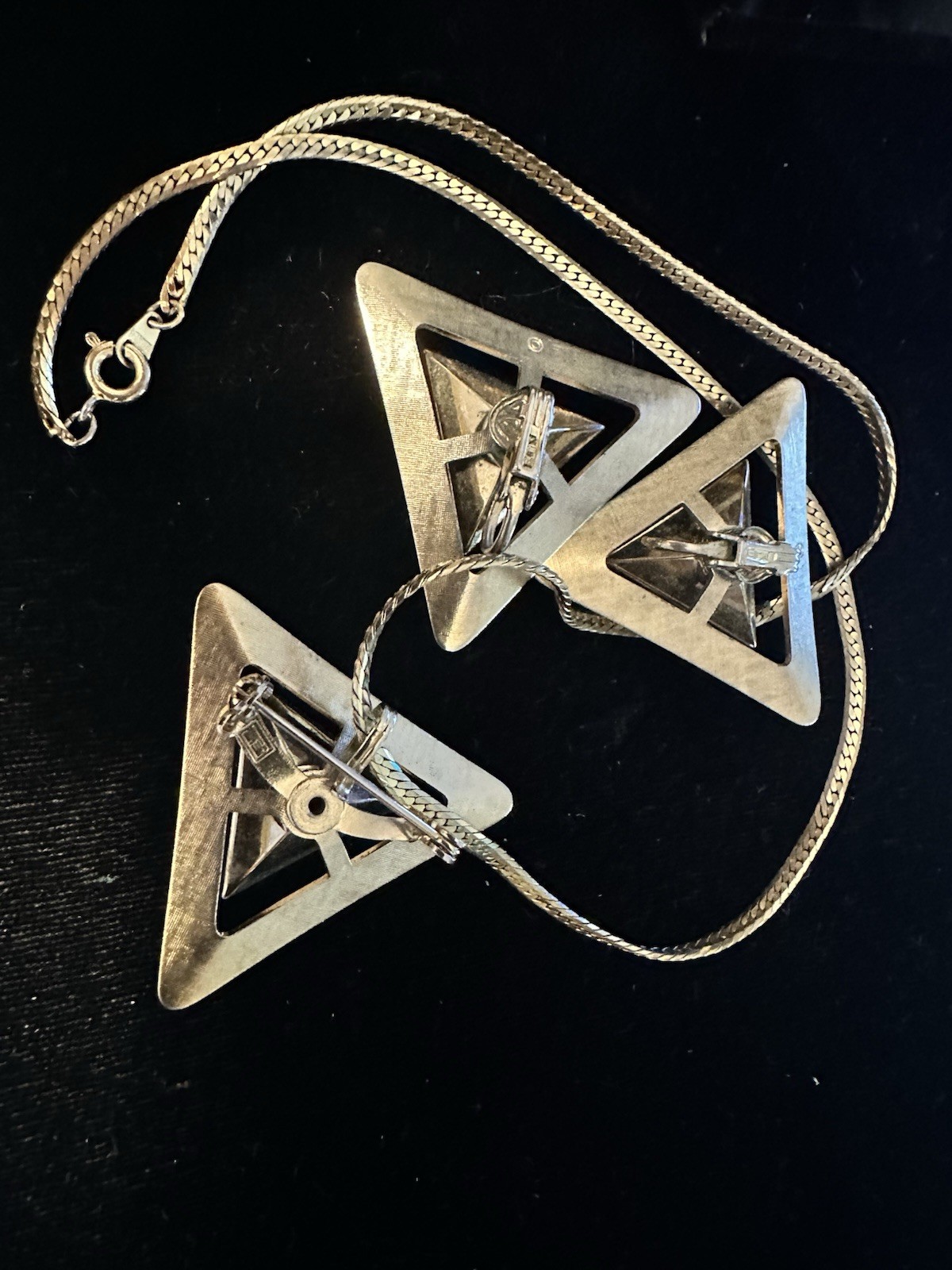 Vintage Emmons Gold tone Earrings & Brooch/Pendant Glue Glass Trillion Triangles