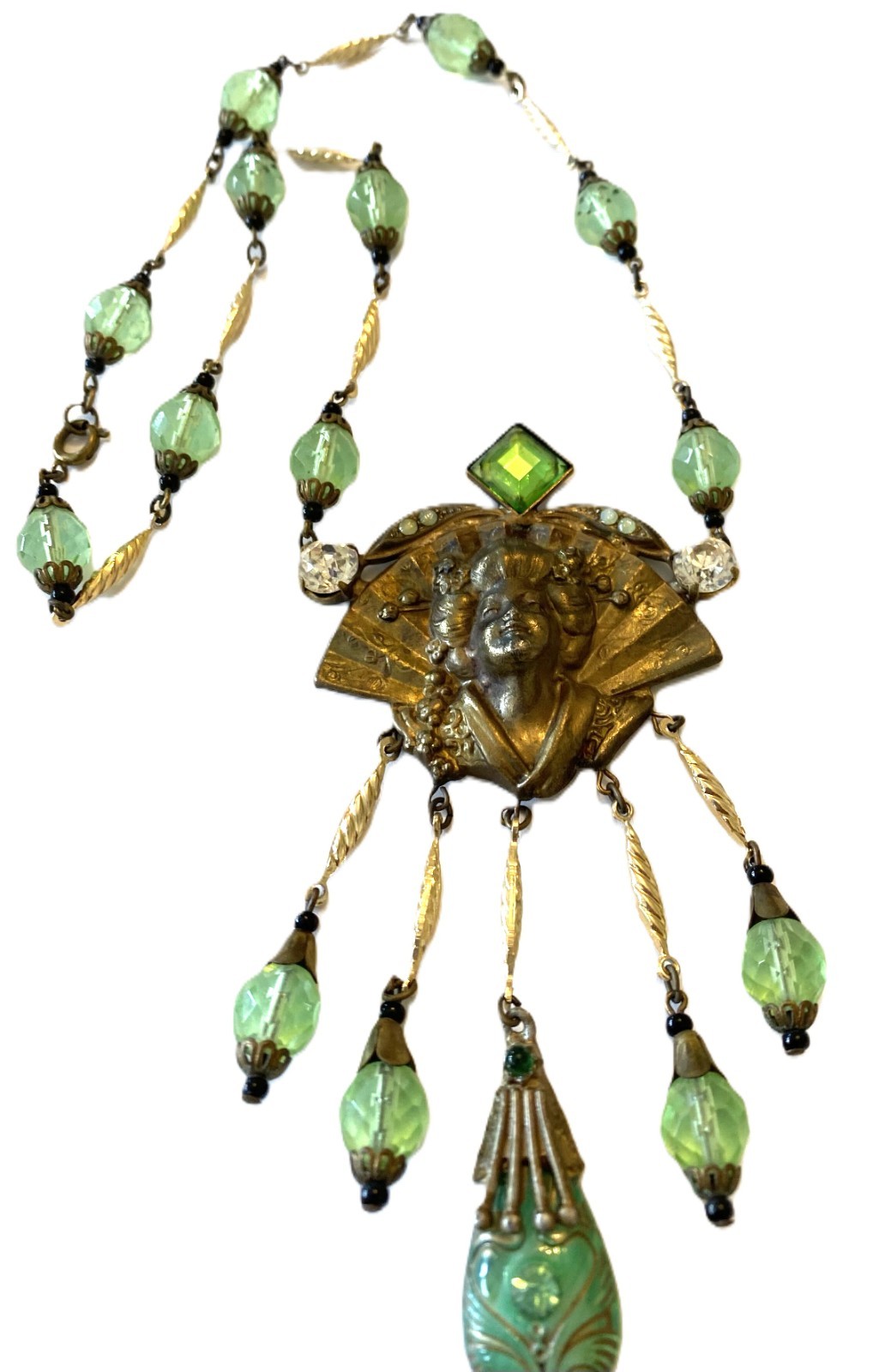 Vintage Art Deco Czech Glass Necklace- Geisha & Fan Motif, Green Glass Beads.