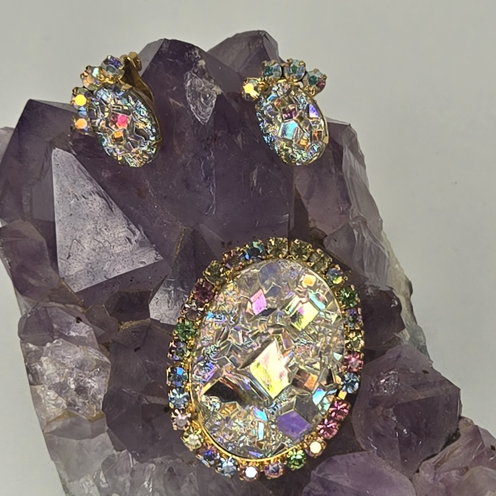 Vintage Juliana DeLizza & Elster Crystal Geode Brooch & Earrings Rare Book Piece