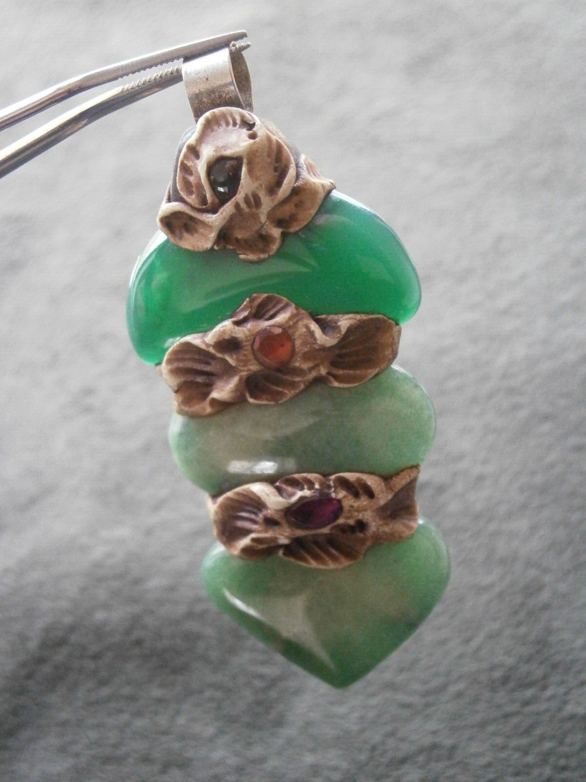 Large 3 Piece Nephrite Jade Vintage Silvertone Bail Pendant 16.0g