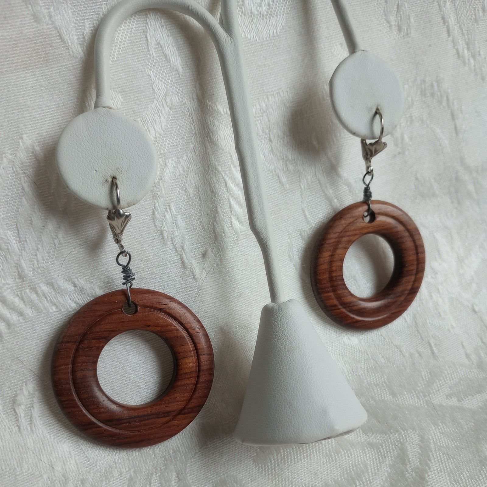 Vintage Dangle Drop Earrings Faux WOOD hoops donuts 70s lever back