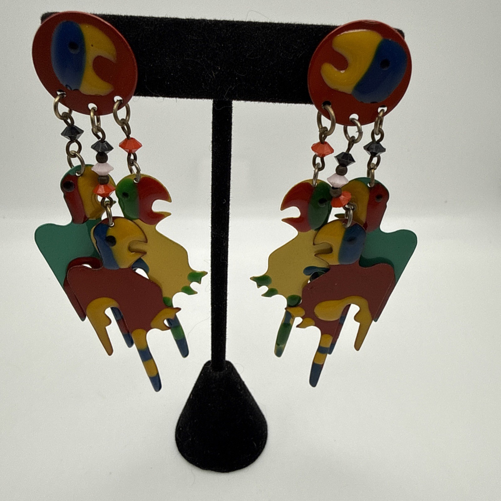 Vintage Dangle Enameled Parrot Earrings 4”