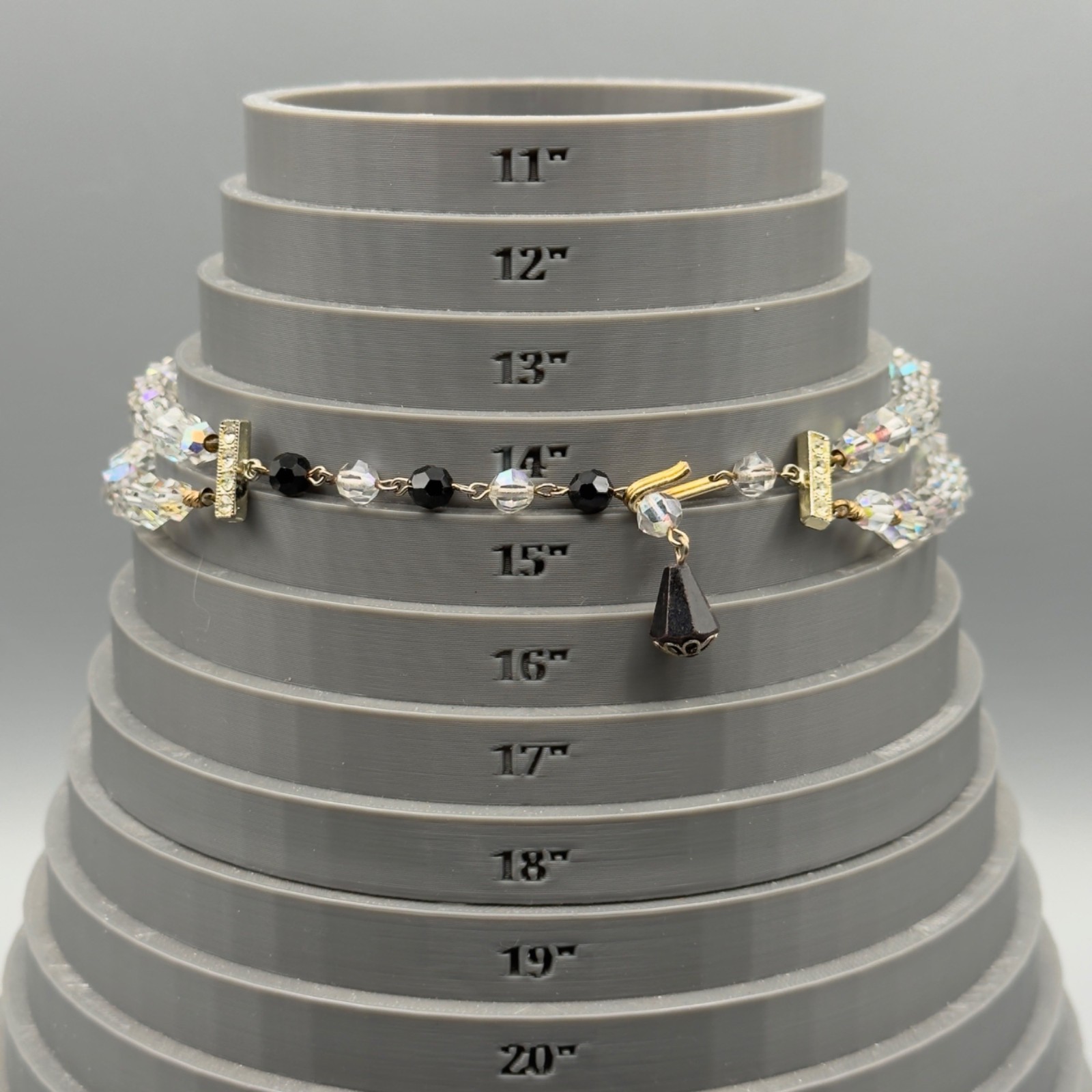 Vintage Black Clear Crystal Beaded Necklace Rhinestone Clasp 15″