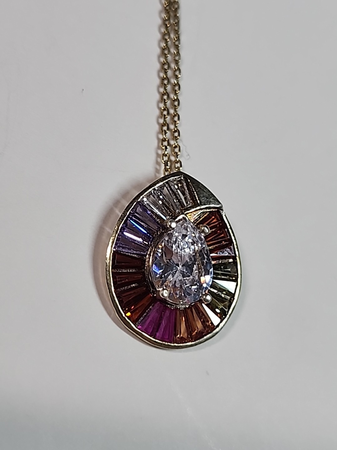 Rainbow Cluster Stones Teardrop Pendant Gold Over .925 Silver 17.5″ Necklace