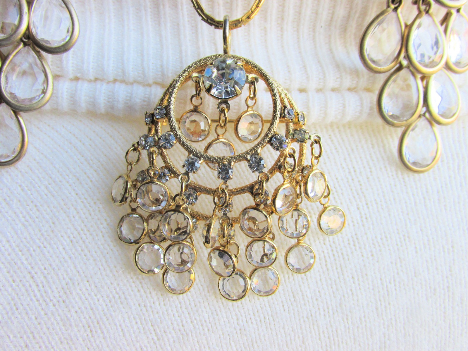 Lia Sophia Kiam Collection “Crystal Chandelier” Matte GoldTone Earrings +Pendant