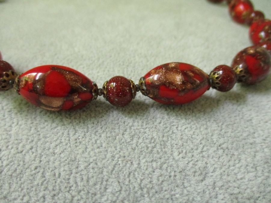 Vintage Dramatic Dark Red Aventurine Venetian Foil Art Glass Bead Necklace