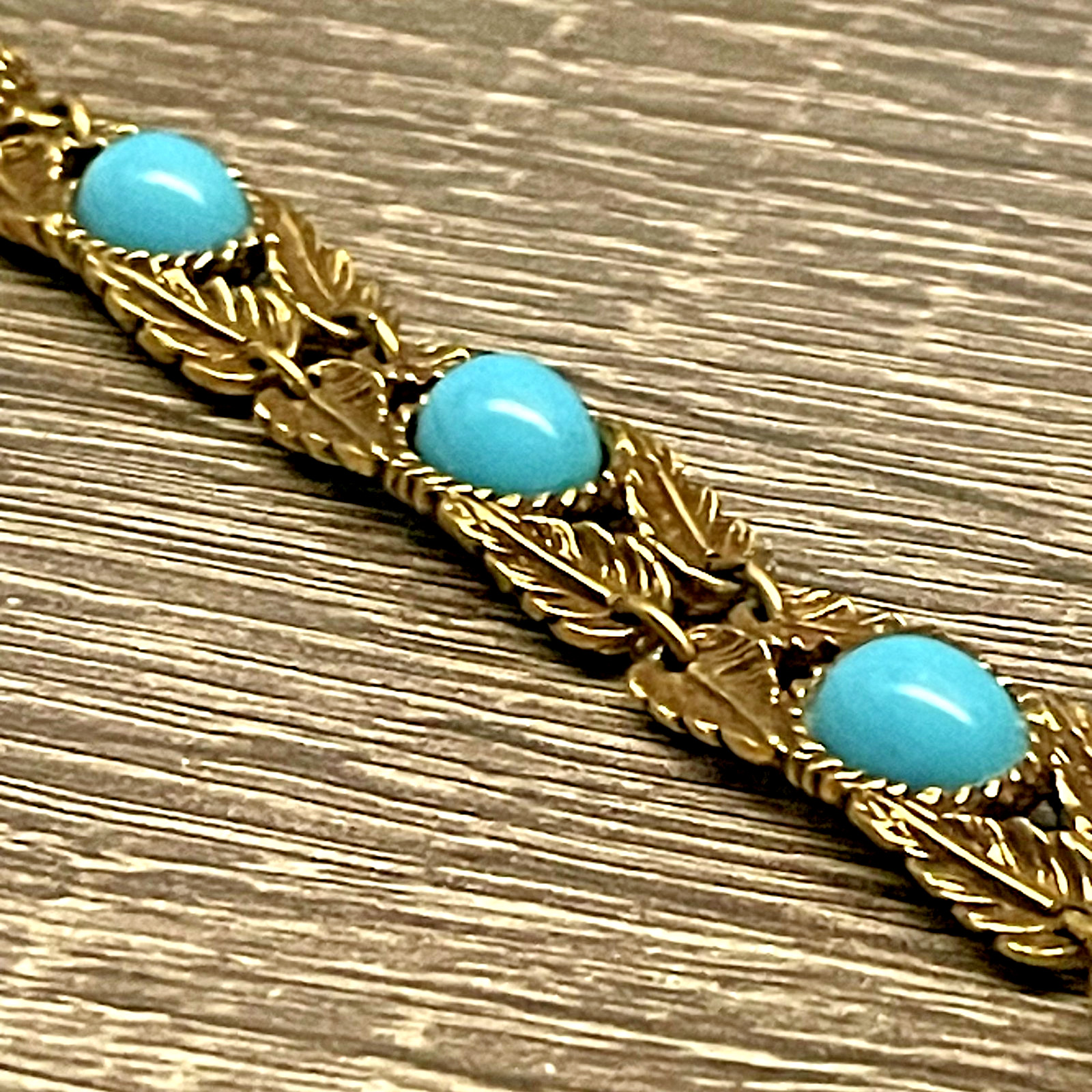 Vintage Goldette N.Y. Gold Tone Art Nouveau Bracelet w Faux Turquoise Cabochons