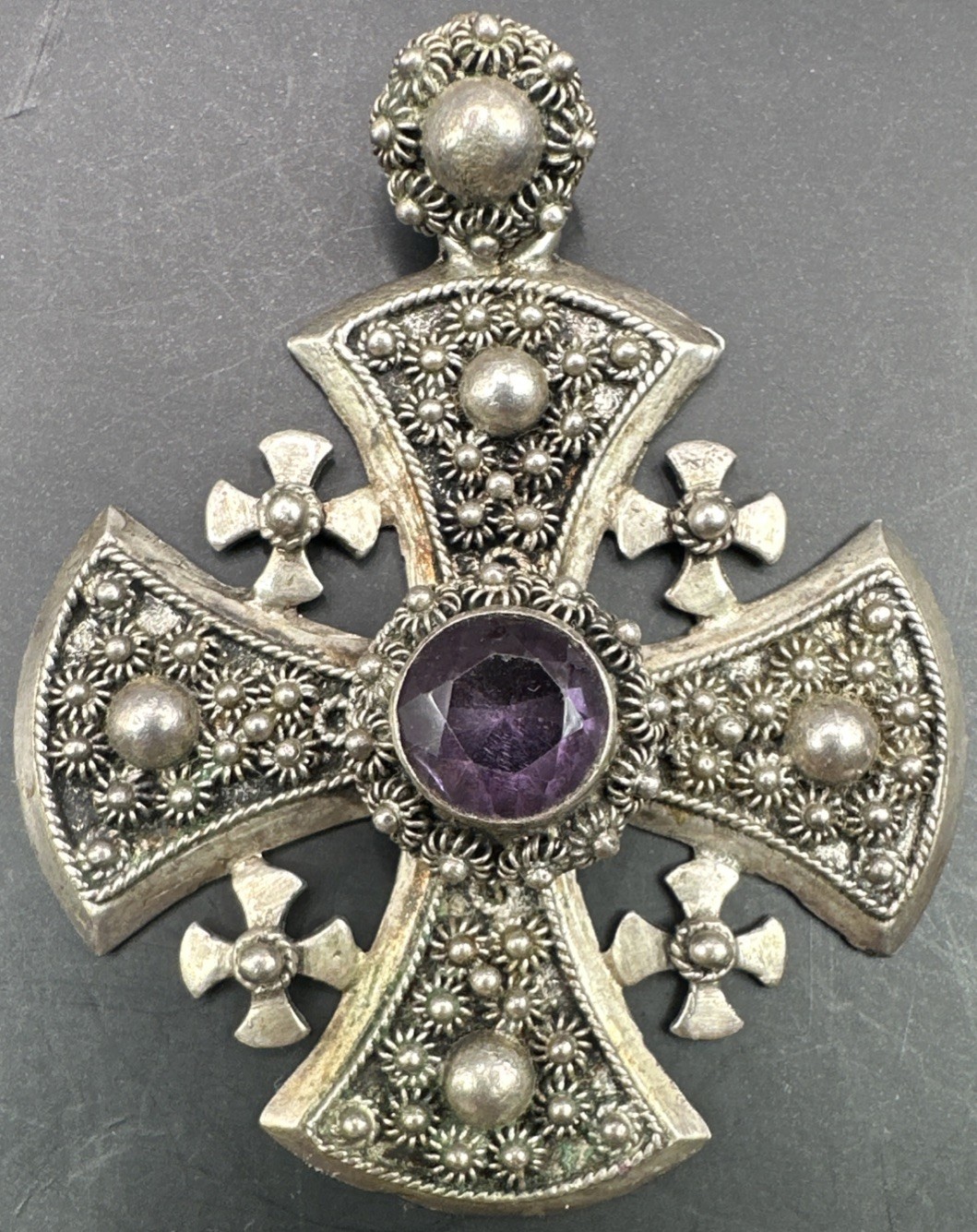 Vtg Sterling Silver Jerusalem Maltese Cross Pendant Amethyst Gothic Revival 15g