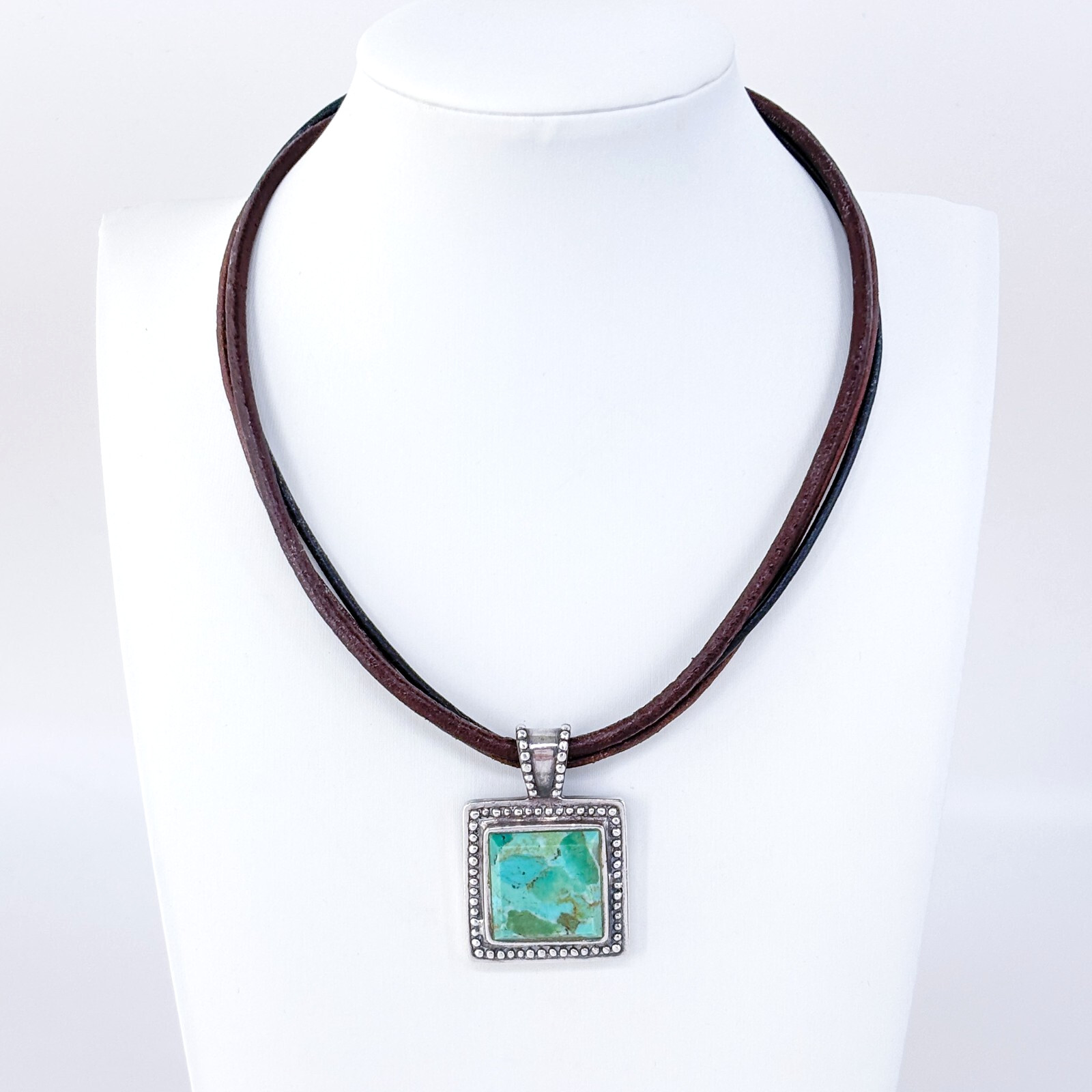 Vintage Sterling Silver Leather Cord Composite Turquoise Pendant Necklace 15.5″