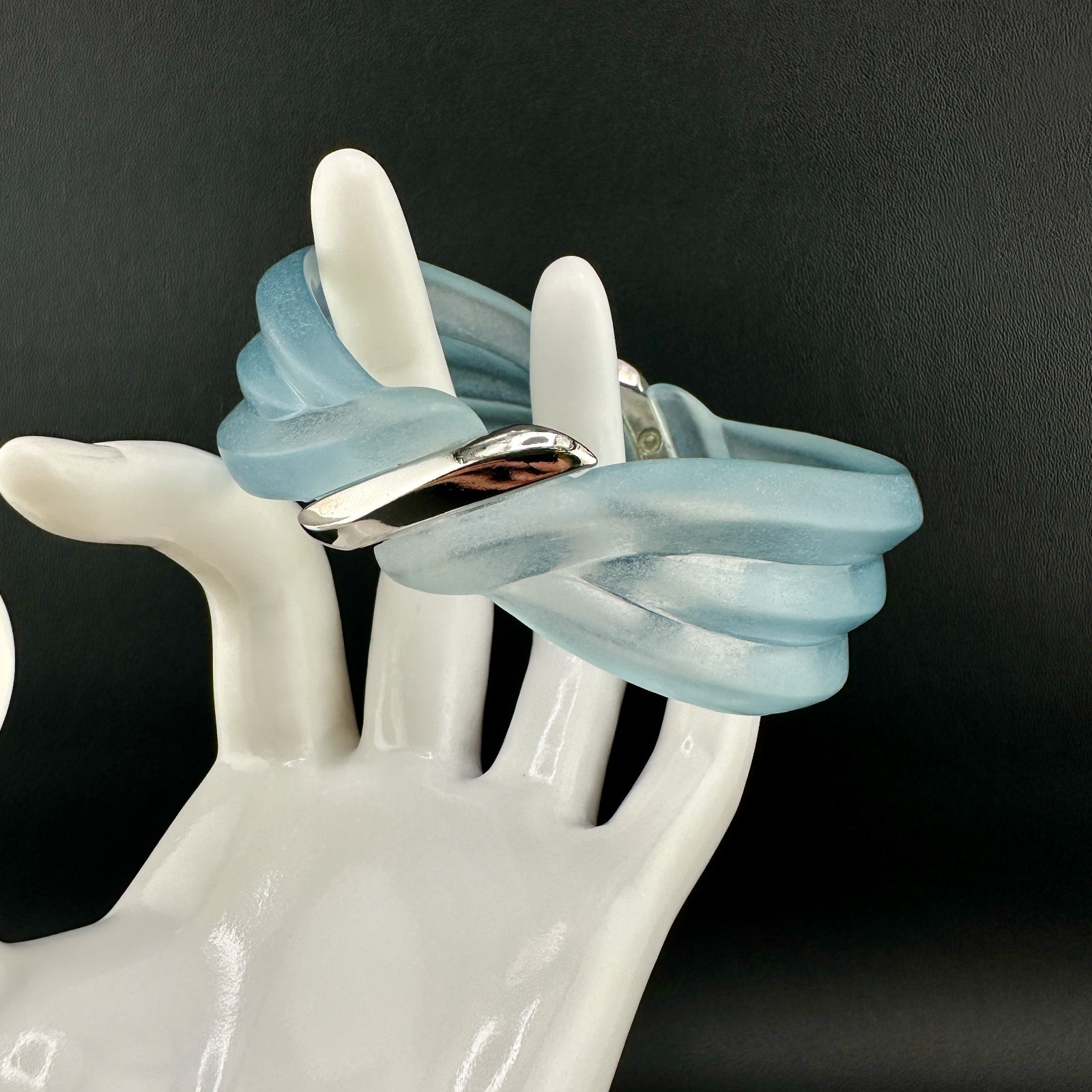 Vintage Lucite Bangle Bracelet Frosted Baby Blue Ribbed Dimensional Wave Signed