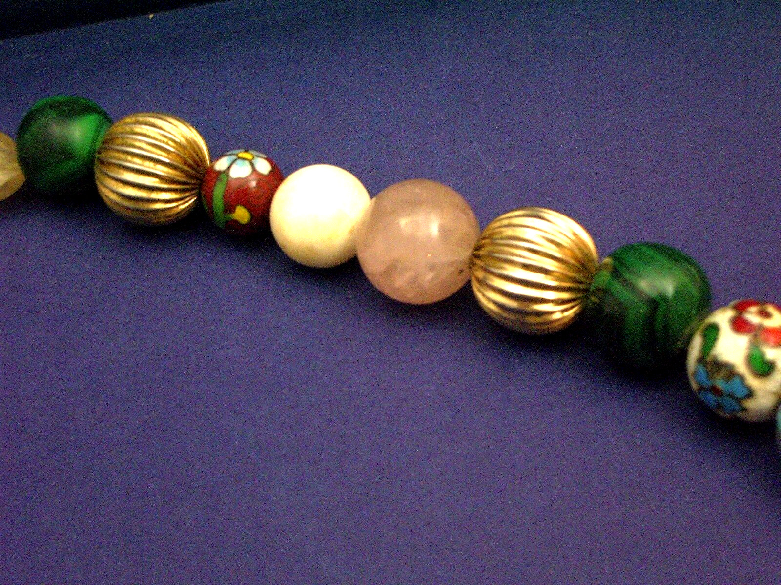 Venetian unique beaded necklace enamel malachite rose quartz stunning Estate
