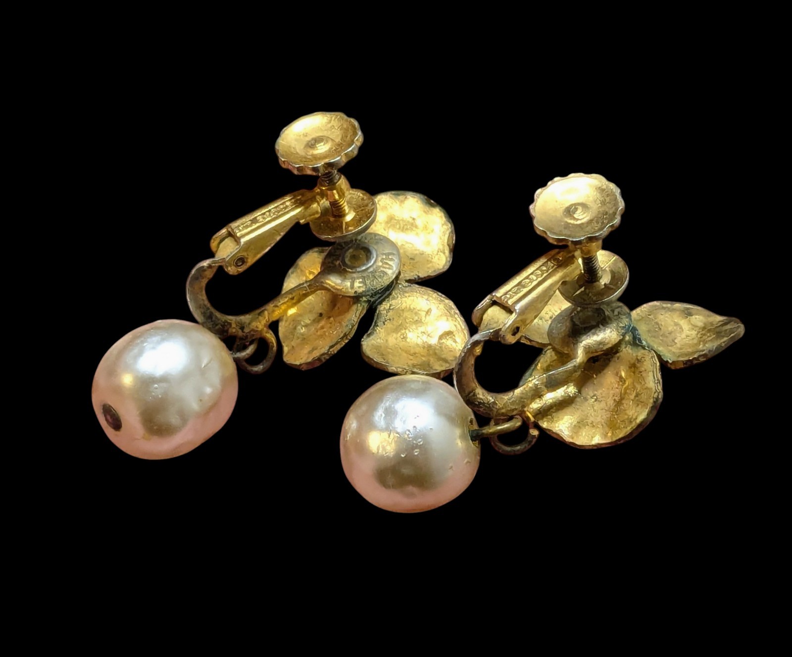 Vintage Miriam Haskell Faux Baroque Pearl Pansy Flower Clip On Earrings