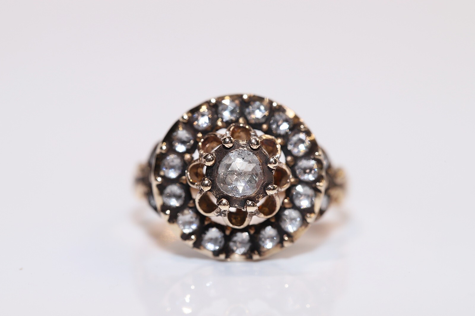Vintage Circa 1980s 8k Gold Natural Rose Cut Diamond Decorated Ring