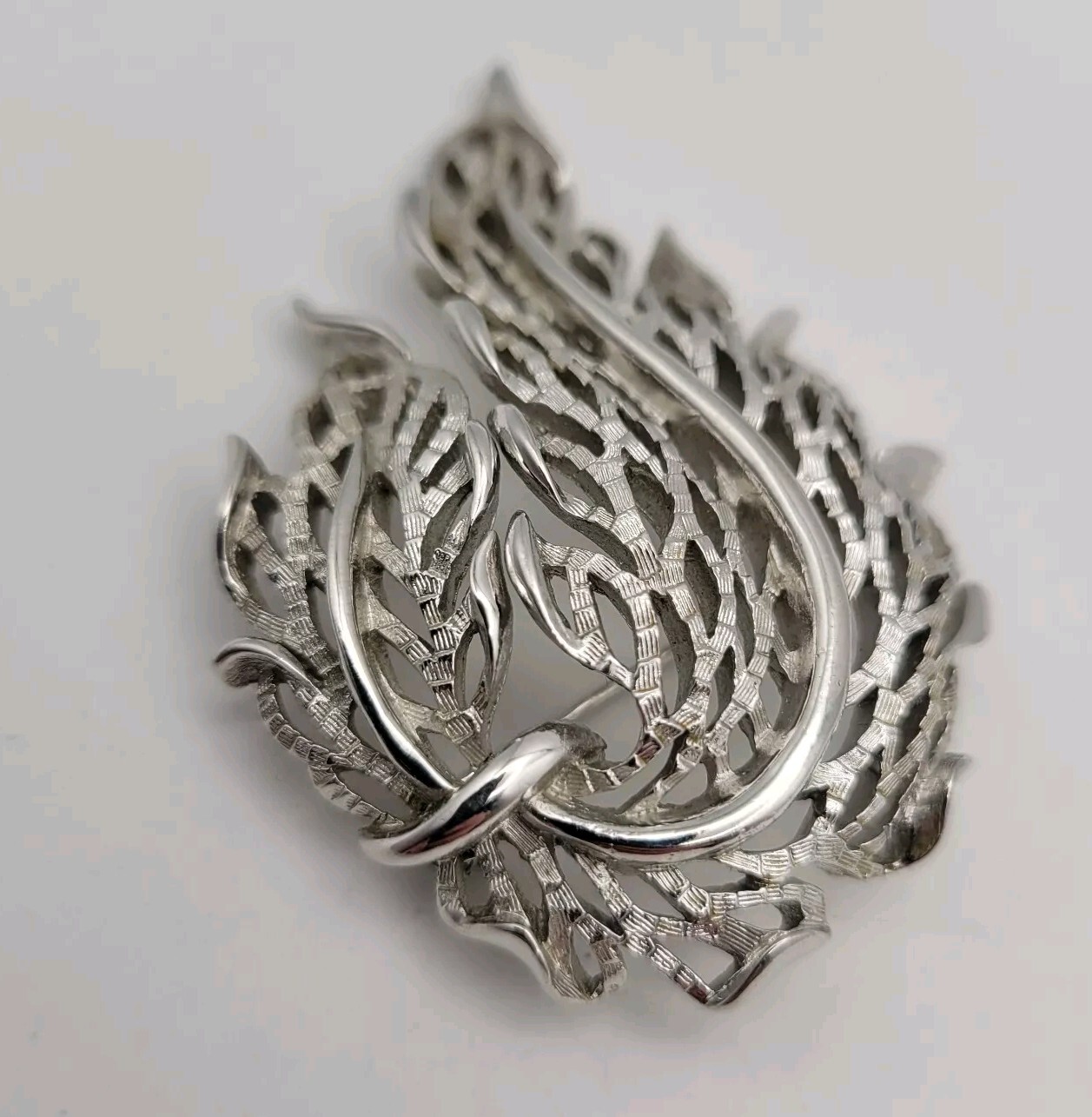 Vintage Crown Trifari Brooch Silver Tone Nature Leaf Swag Matte Polished Signed