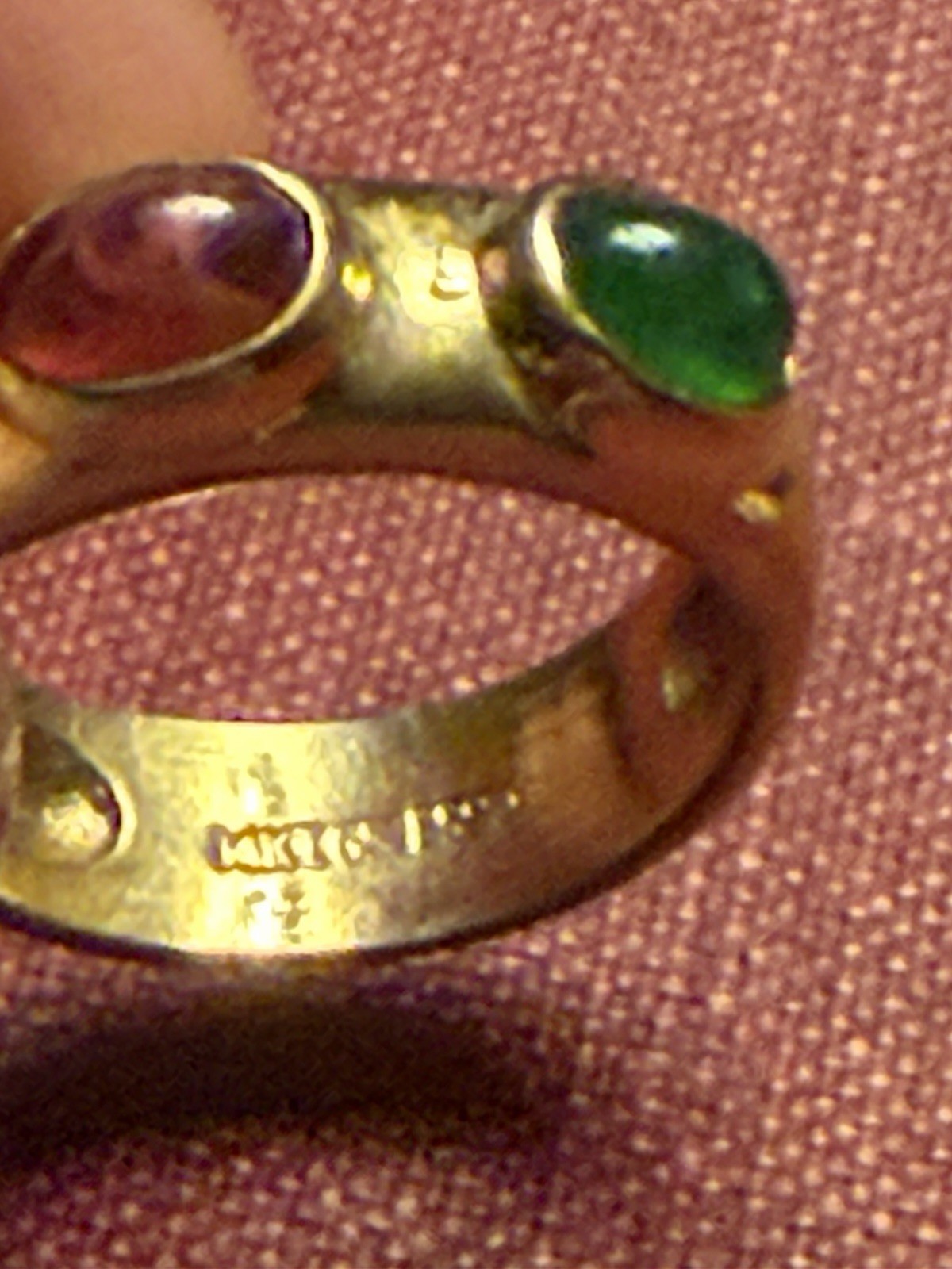 VTG 14 kt gold plated cabochon gemstones: a sapphire, a ruby, and an emerald, 6