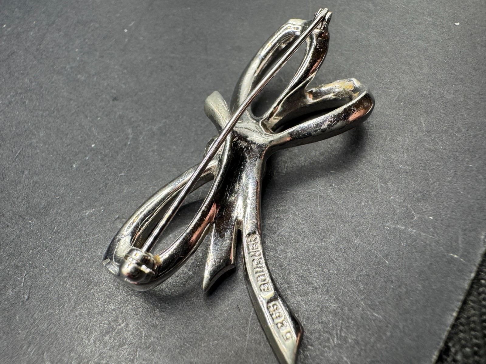 Vtg Marcel Boucher Bow Brooch Pin SIlver Tone Emerald Cut and Round Crystal 5266