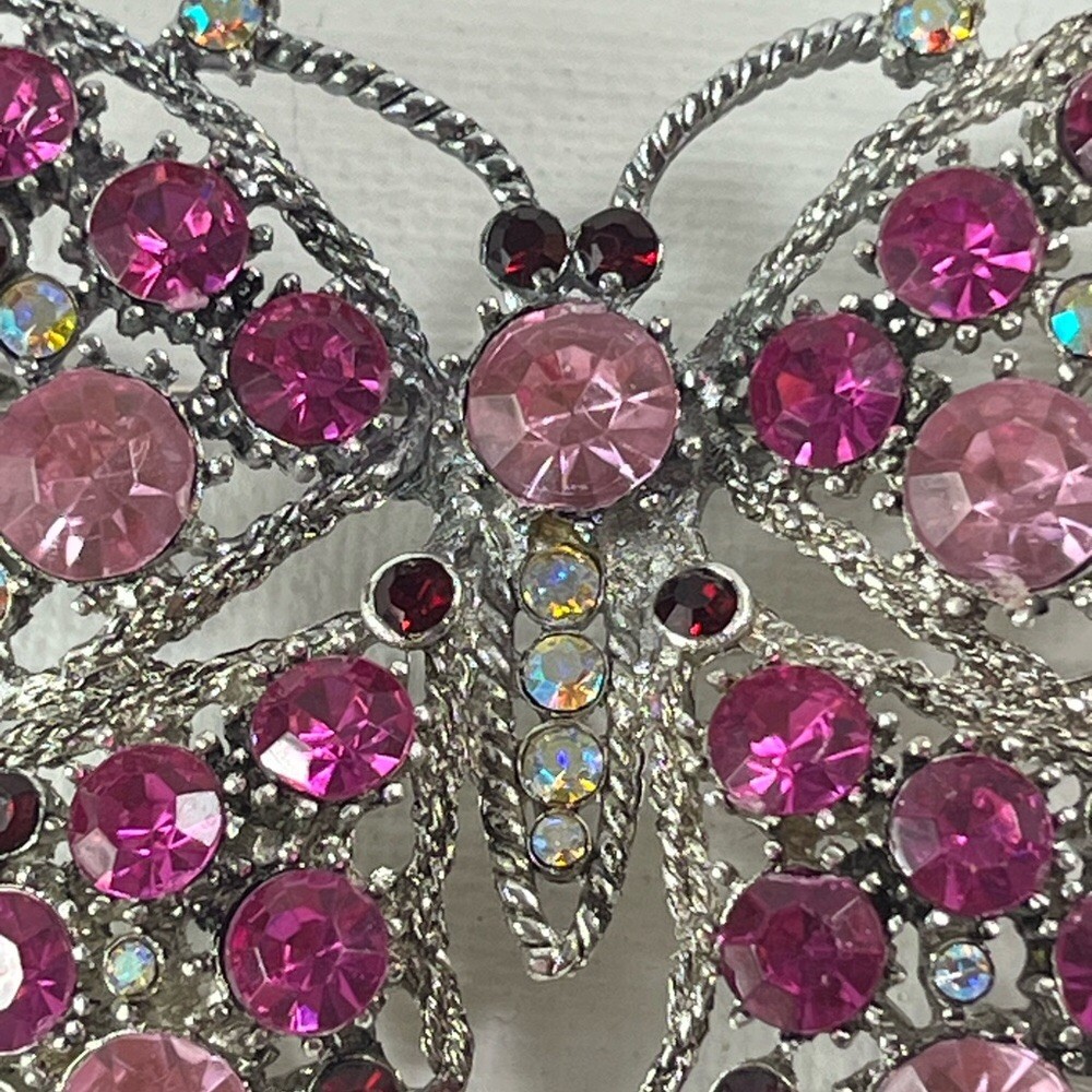 Elegant Pink Butterfly Brooch Pin Multi-colored Rhinestones Approximately 2” Vtg