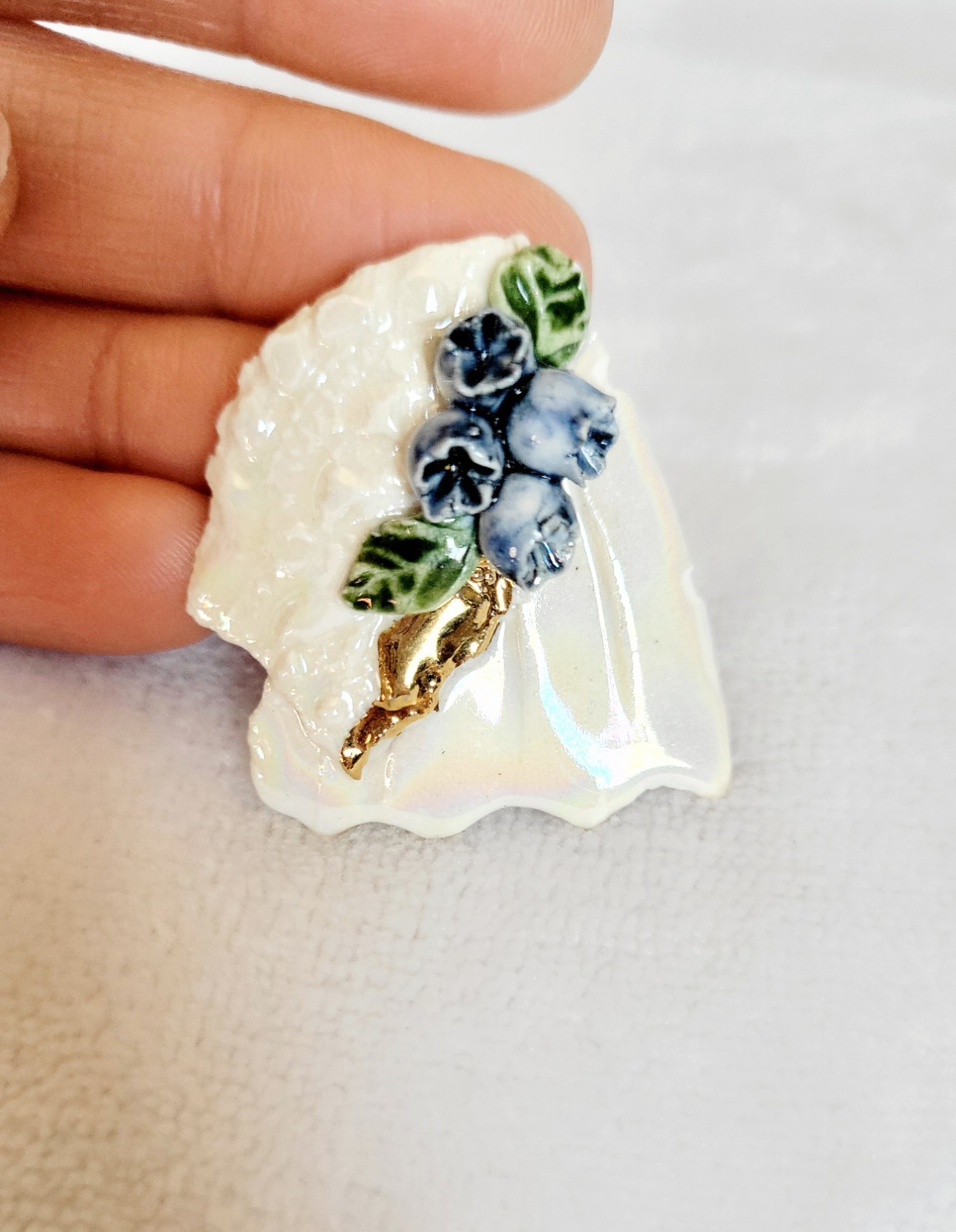 Artisan Handcrafted Seashell Brooch Pin Iridescent 3D Blueberries Gold Accent