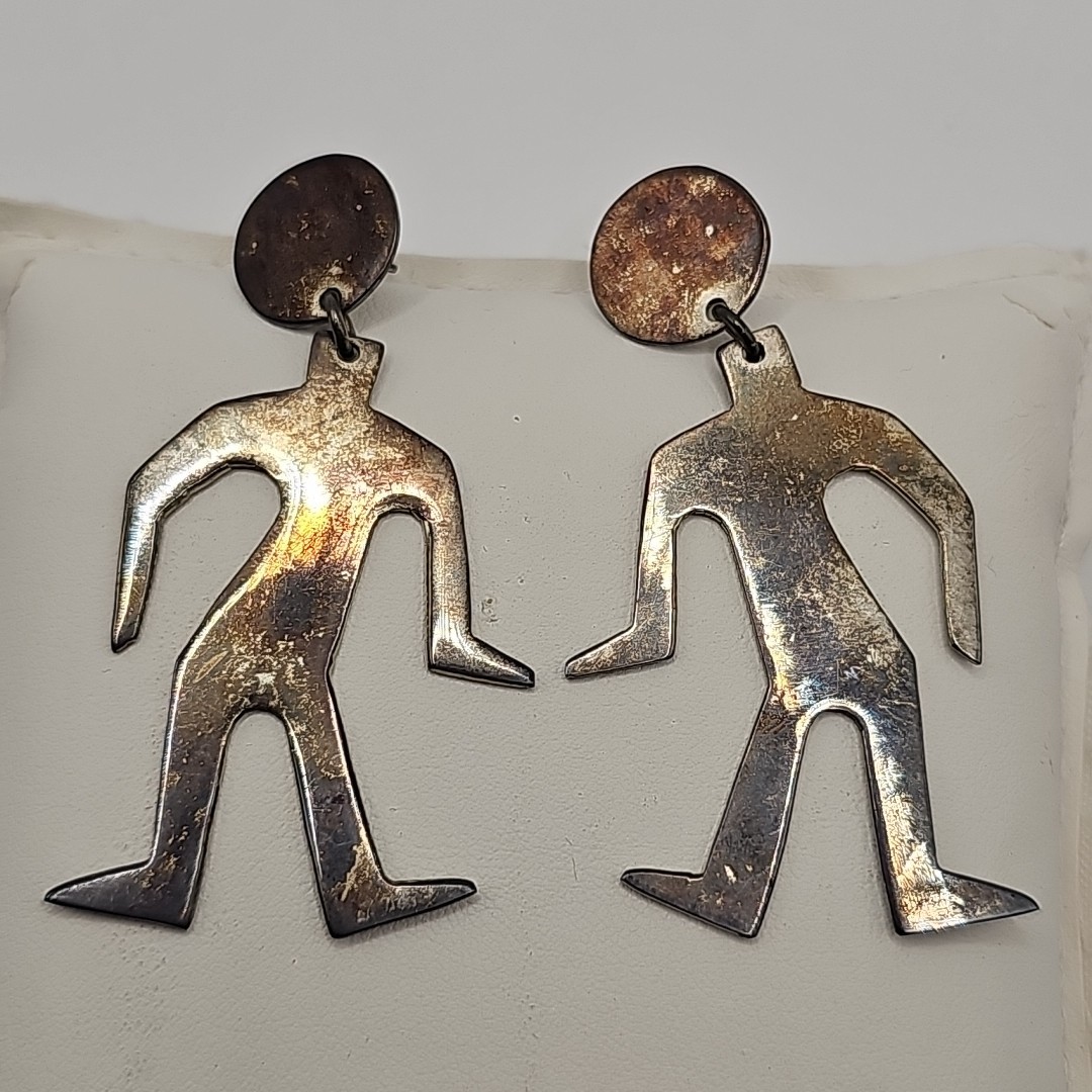 Vintage Silver Tone Articulated Person Dangle Earrings New Orleans Artist Made