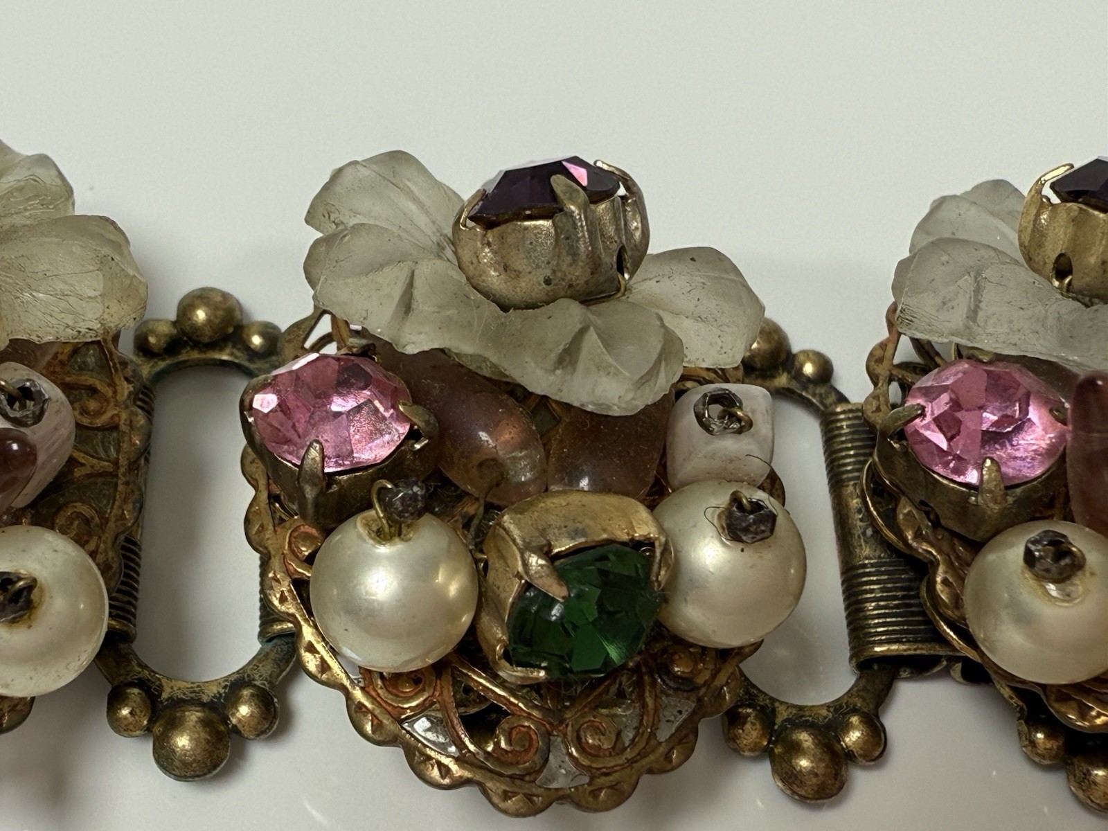 Antique Flower Glass Beaded Rhinestone Panel Bracelet 7″ Chunky 3D Book Chain