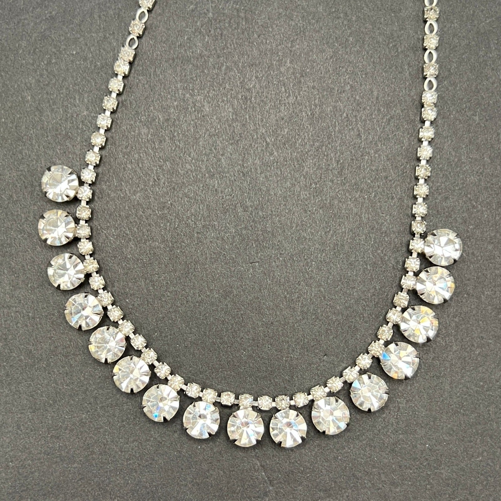Vintage Rhinestone Necklace Choker Silver Tone Clear 16″ READ