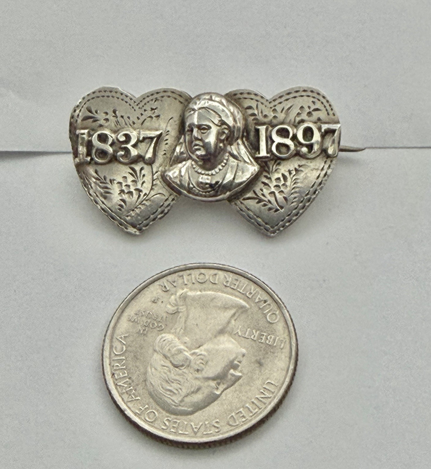Antique Victorian Queen’s Jubilee Double Hearts & Victorian Bust Sterling Brooch