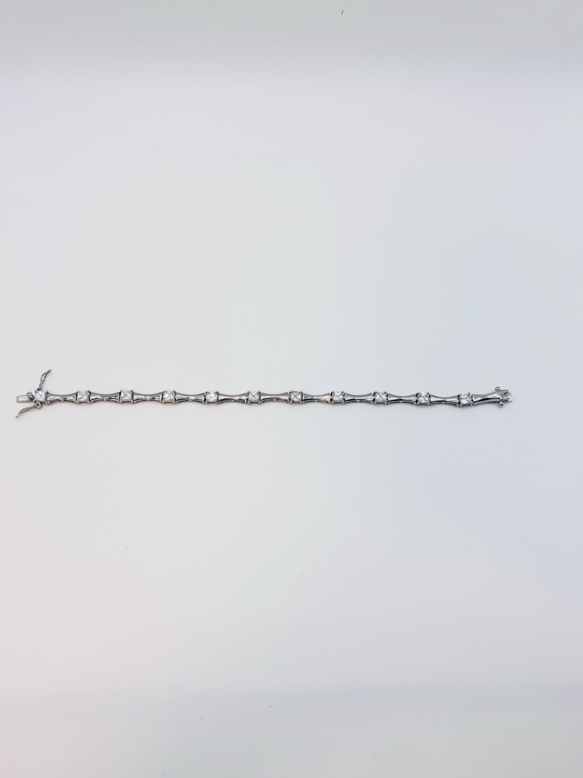 Vintage 925 Sterling Silver Princess Cut CZ Bamboo Link Tennis Bracelet 7″