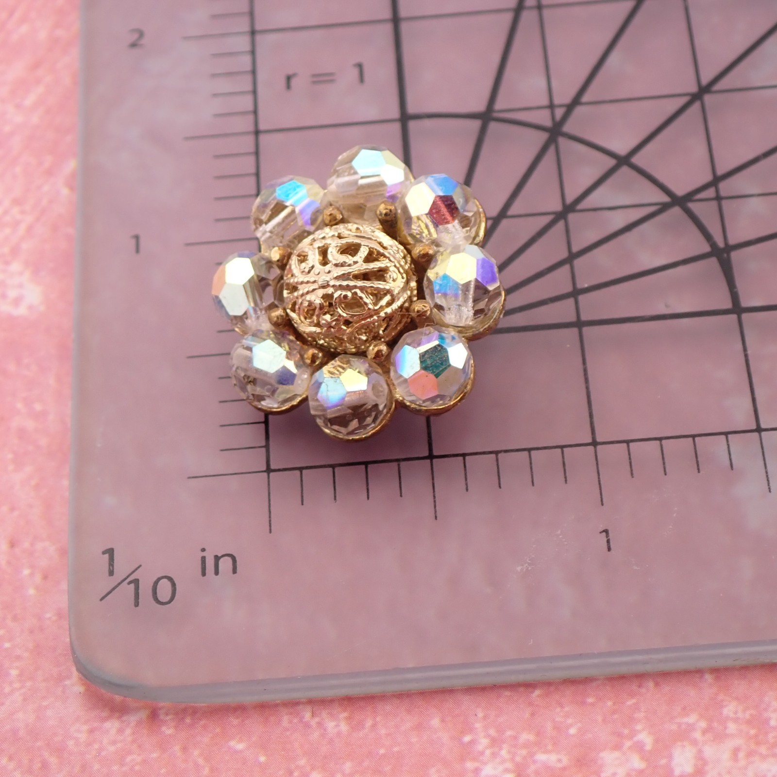 VTG 3 Strand AB Faceted Glass Crystal Gold Tone Filigree Ball Necklace Earrings
