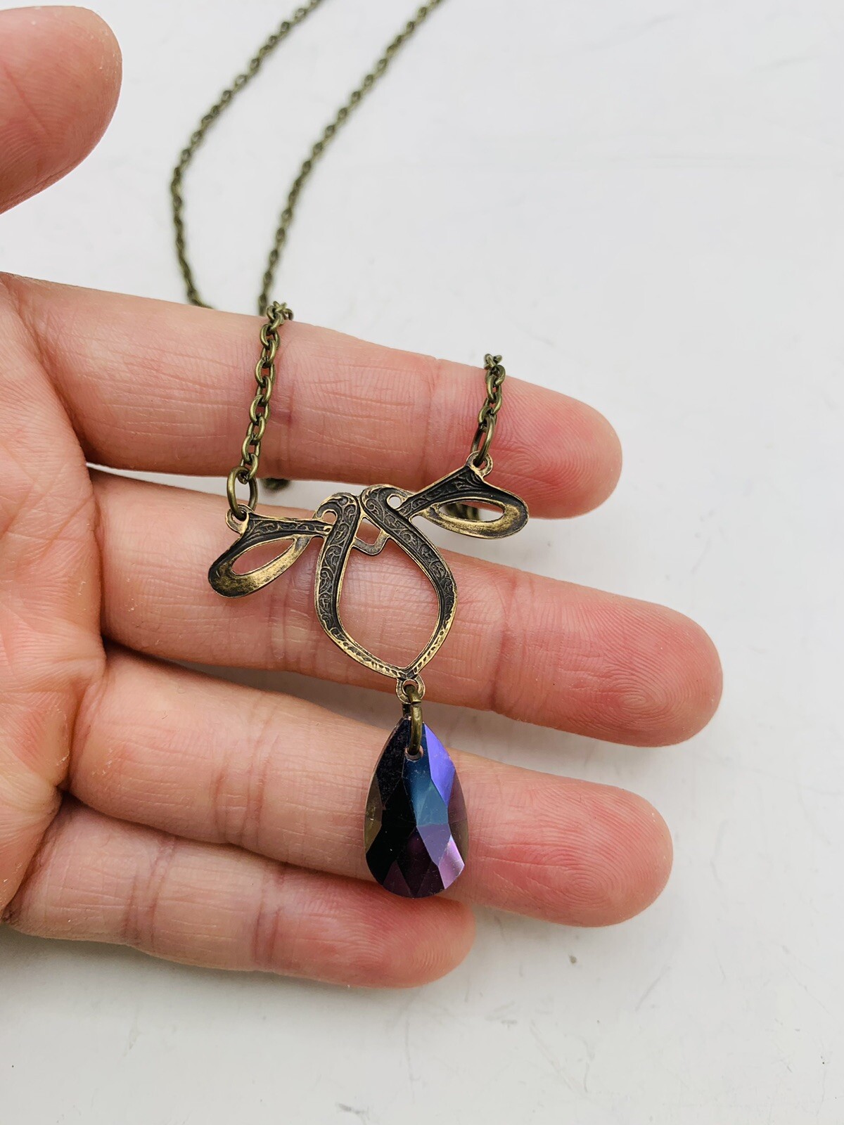 Vintage Style Art Nouveau Bronze Tone Rainbow Teardrop Bead 18 in Necklace