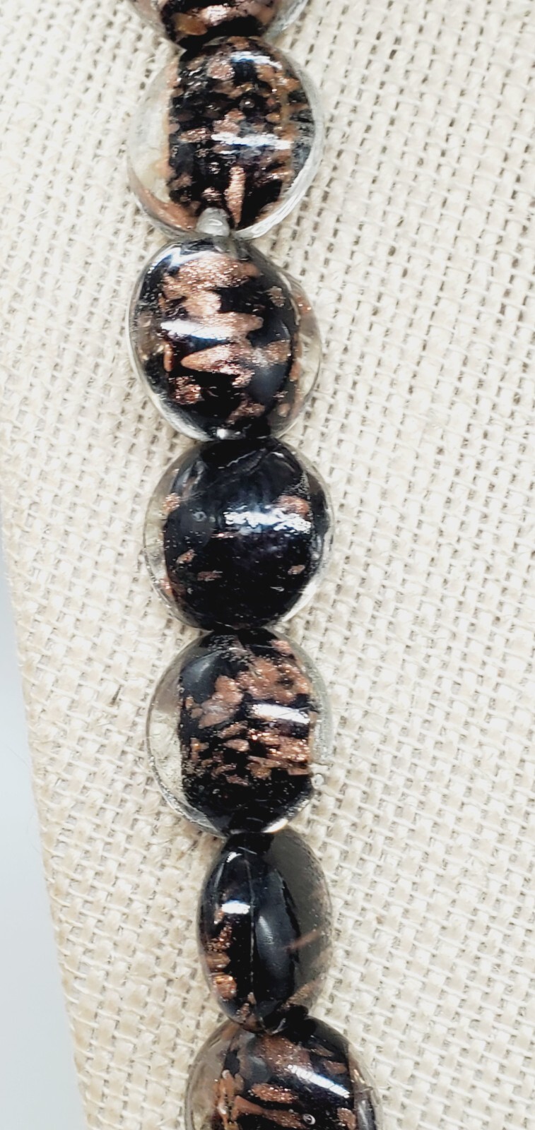 Coldwater Creek Black and Copper accented Glass, Gun Metal Necklace 36″ woo1