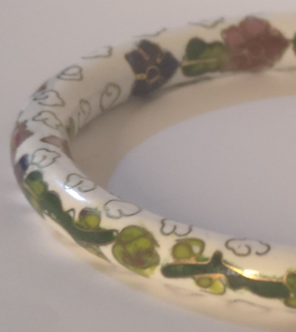 Vintage white Cloisonne bangle bracelet purple red green flower 8″