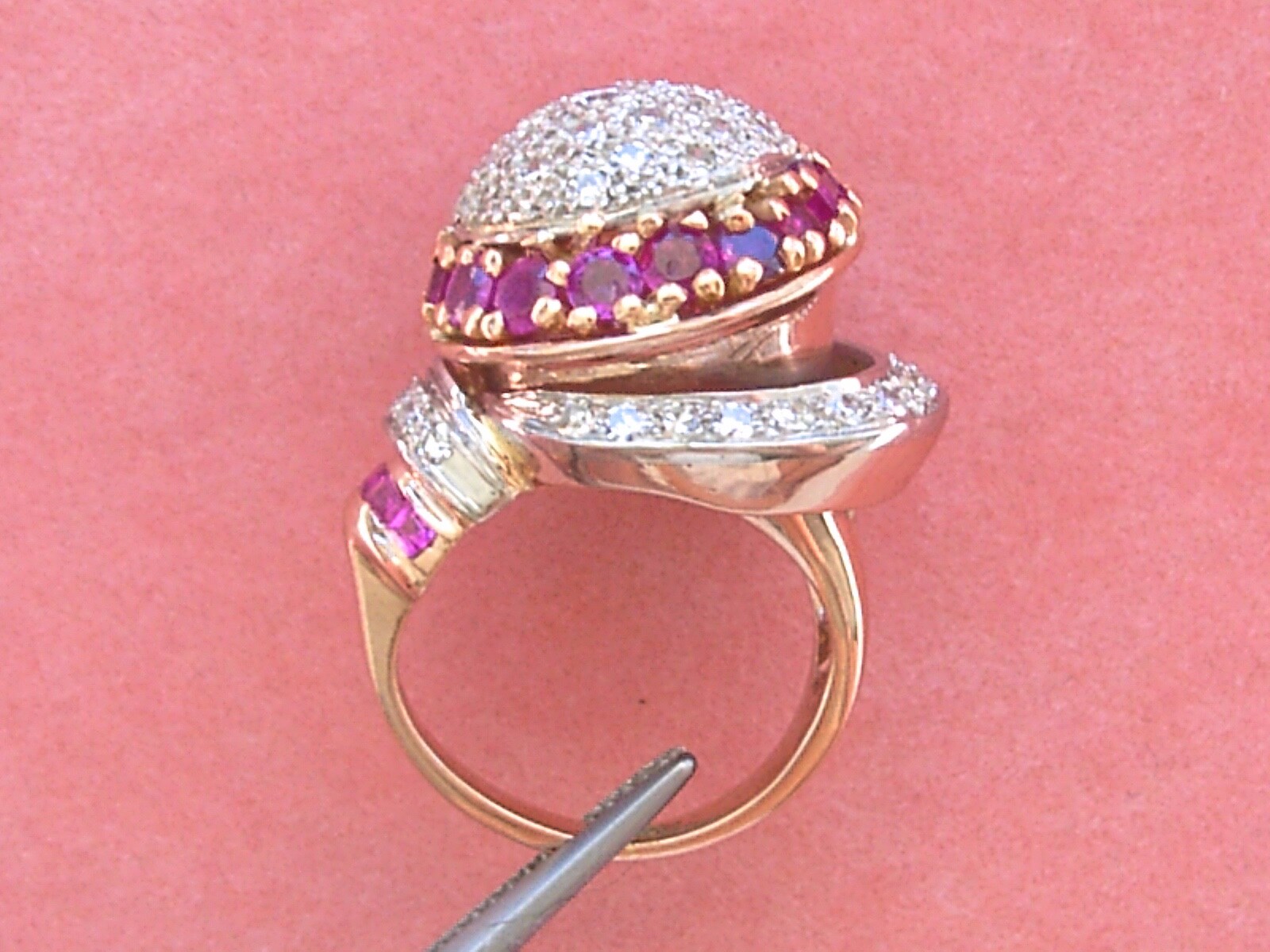 VINTAGE RETRO 1.38ctw DIAMOND 1.23ctw RUBY ATOMIC SPACE COCKTAIL PINKY RING 1940