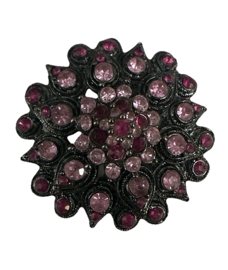 STUNNING LIGHT/DARK PINK CRYSTAL GUNMETAL FILIGREE BROOCH~
