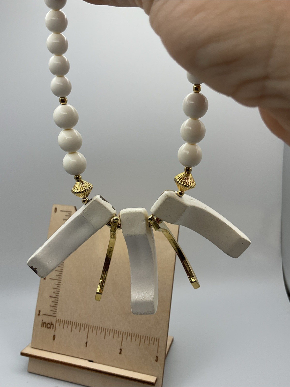 Vintage 60s-80s White & Gold-tone Chunky Bib Necklace/ Earring Set Marked Japan